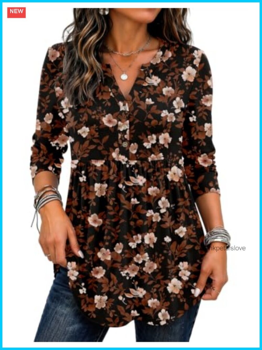 Women's Boho Henley VNeck Long Sleeve Pleated Tunic Blouse